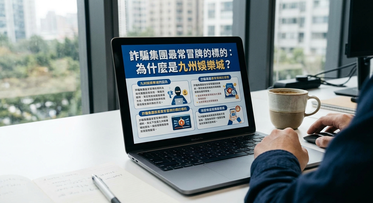 這張圖片展現了一台放在現代辦公桌上的筆記型電腦，螢幕上呈現著以藍白為主色調的數位圖文簡報。 畫面集中顯示標題「詐騙集團最常冒牌的標的：為什麼是九州娛樂城？」，四周配有簡單的插圖與文字說明，營造出專業且清晰的分析氛圍。