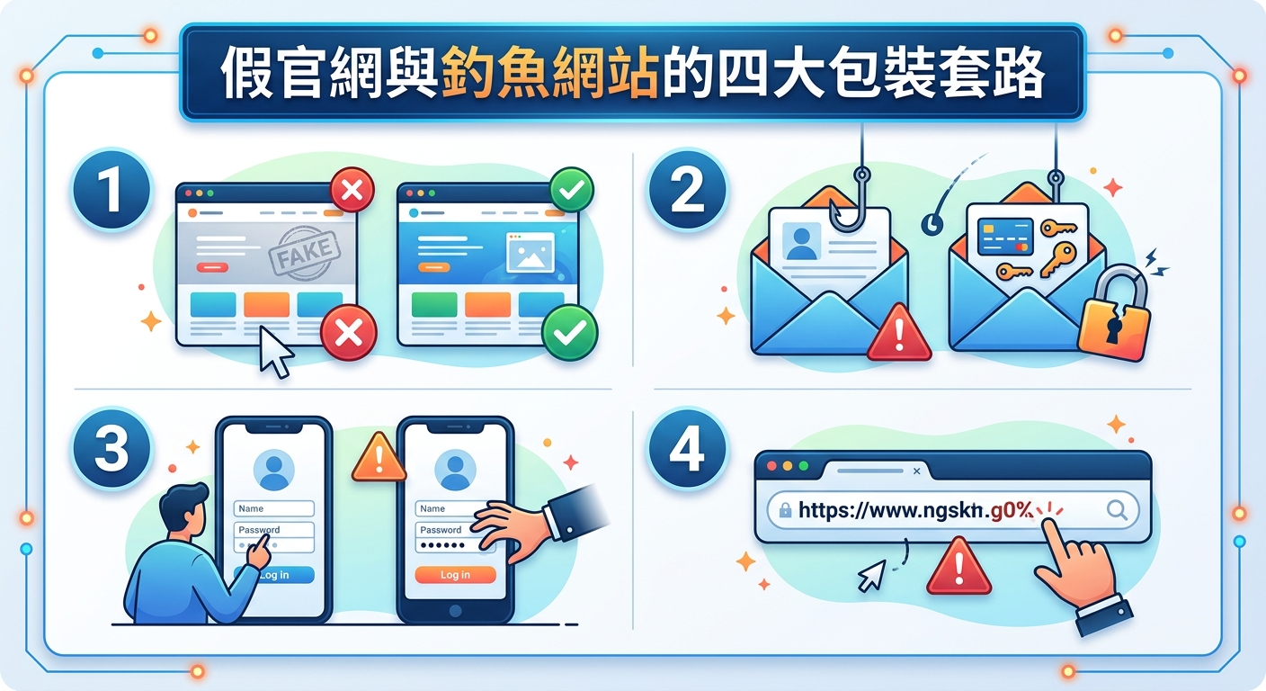 這張圖片以科技風格圖解呈現「假官網與釣魚網站的四大包裝套路」，頂部標題字體清晰醒目。 畫面劃分為四個區塊，運用網頁 UI、手機登入介面、釣魚郵件與偽造網址列等視覺元素，形象化地揭露常見的網路詐騙手法。